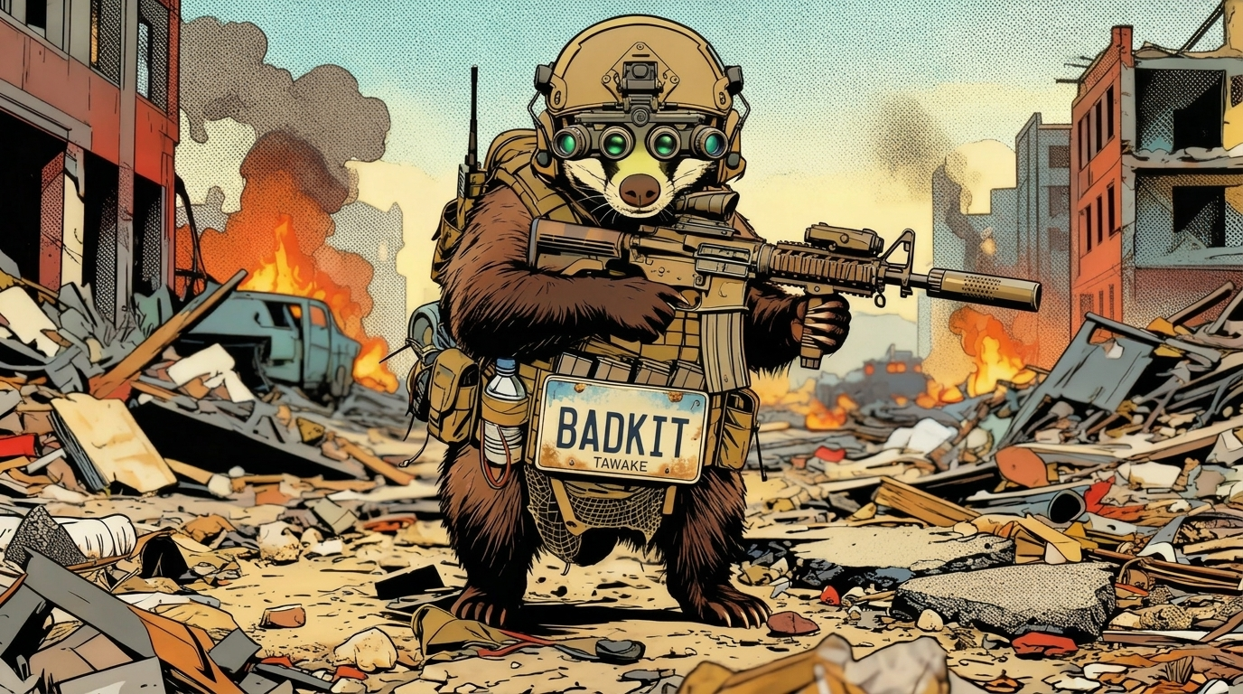 BadKit Badger — armored tactical badger surveying a warzone